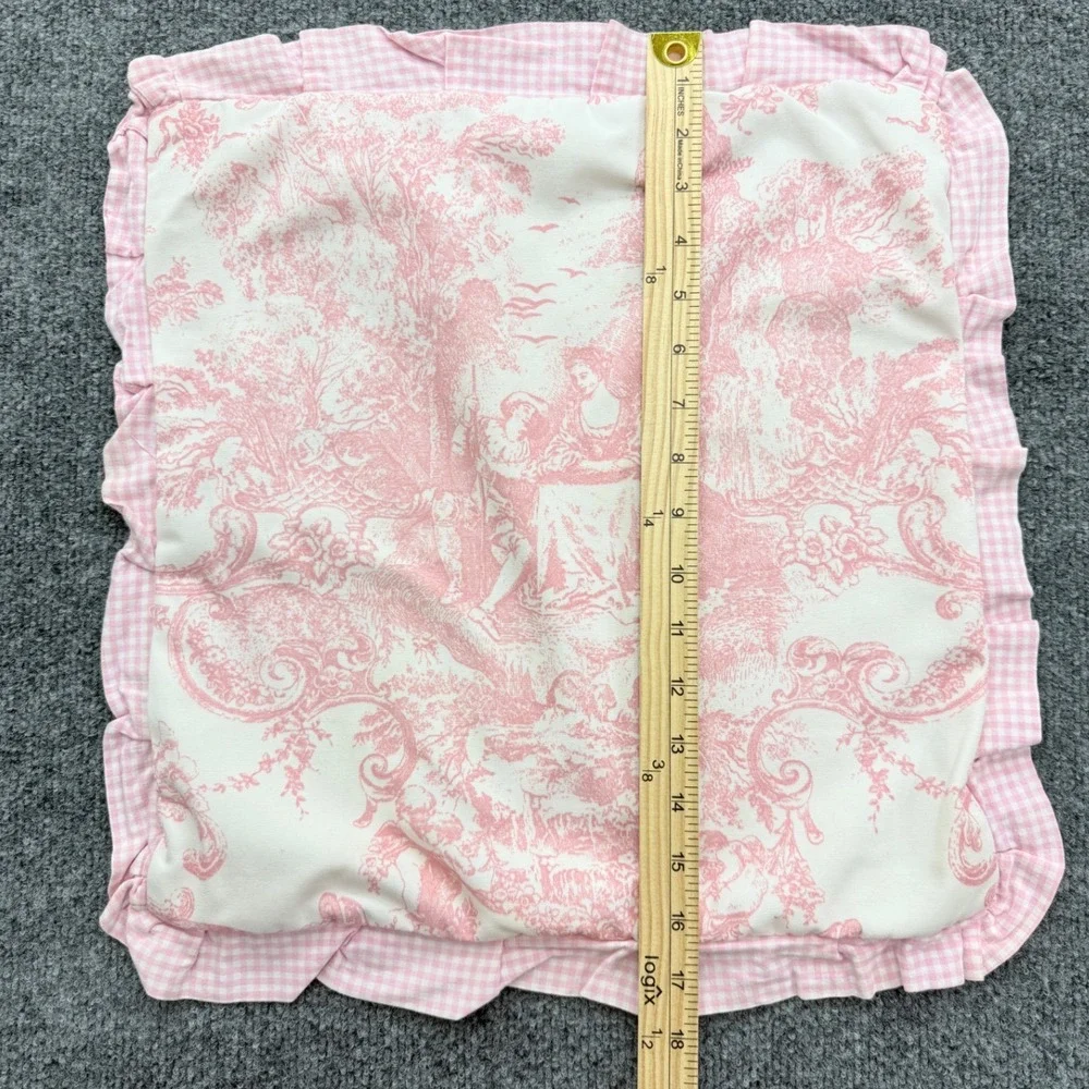 Pillow Cover Home 16x16 Pink Toile Gingham Ruffle Cottagecore Decor Nursery